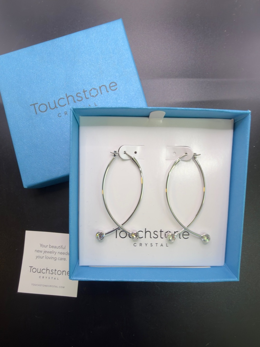 TOUCHTONE TWIST OF FATE SILVER CRYSTAL EARRINGS FUN HOOPS NIGHT OUT DATE